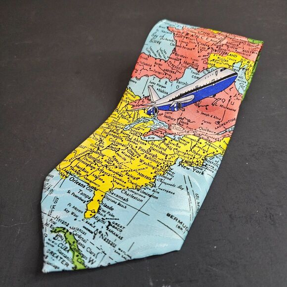 Fratello Handmade World Map Airplane Tie Made in Korea Excellent Preowned - Picture 1 of 5